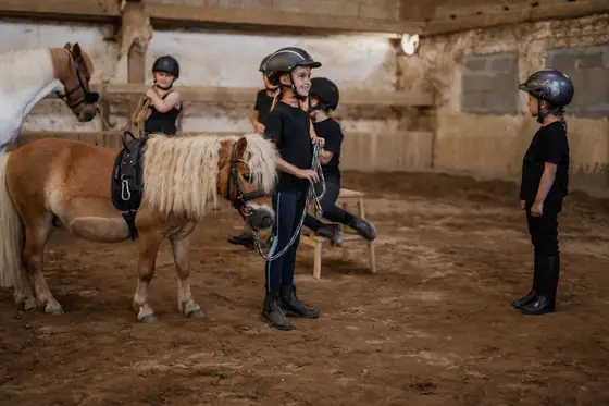 Kindergruppe mit einem Pony in der Reithalle.
